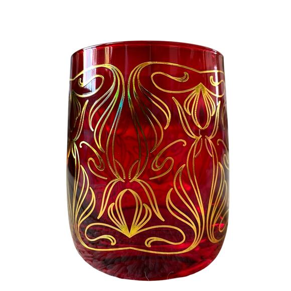 Neiman Marcus Holiday Red Gold Double Old Fashion Glass Tumbler Gift Set of 4 - Picture 4 of 15